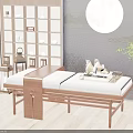 Wooden Frame Sofa Bench With Beige Cushion Side Shelf Wall Moon Decor And Potted Plant