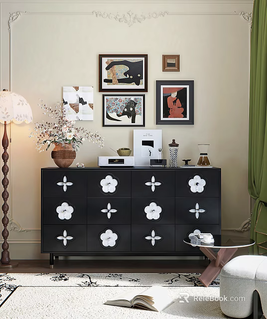 Black Entryway Console Cabinet With White Flower Decorations Vase Books And Floor Lamp Wall Artwork 3d model 