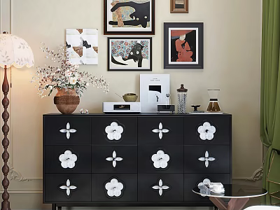 Black Entryway Console Cabinet With White Flower Decorations Vase Books And Floor Lamp Wall Artwork 3d model