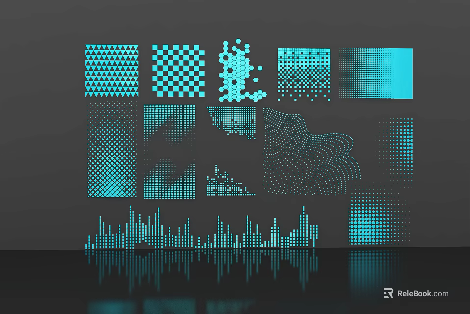 Blue Geometric Line Patterns with Grid Dots Wavy Lines Bars and Reflections on Gray Background 3d model