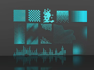 Blue Geometric Line Patterns with Grid Dots Wavy Lines Bars and Reflections on Gray Background 3d model