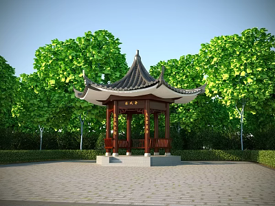Chinese Style Garden Pavilion Landscaping With Pagoda Roof Wooden Columns And Surrounding Green Trees 3d model