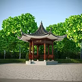 Chinese Style Garden Pavilion Landscaping With Pagoda Roof Wooden Columns And Surrounding Green Trees