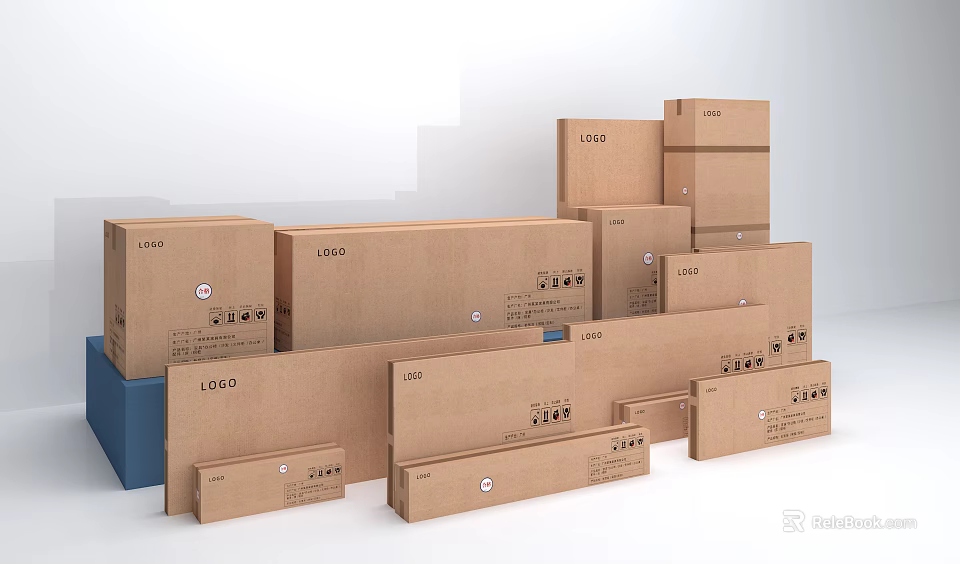 Different Sizes of Stacked Cardboard Boxes with Brand Logo for Packaging Storage 3d model 