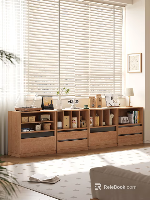 Wooden TV Cabinet With Drawers Compartments And Decorative Items Like Photo Frames Books 3d model 