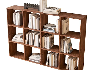 Modern Wooden Bookshelf With Multiple Storage Compartments Filled with Books and Decorative Items 3d model