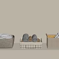 Different Storage Baskets With Rolled Towels On Beige Shelf For Home Organization 3d model