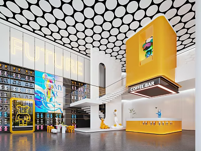 Future Themed Modern Mall Store With Bookshelves Yellow Coffee Bar And Display Shelves 3d model