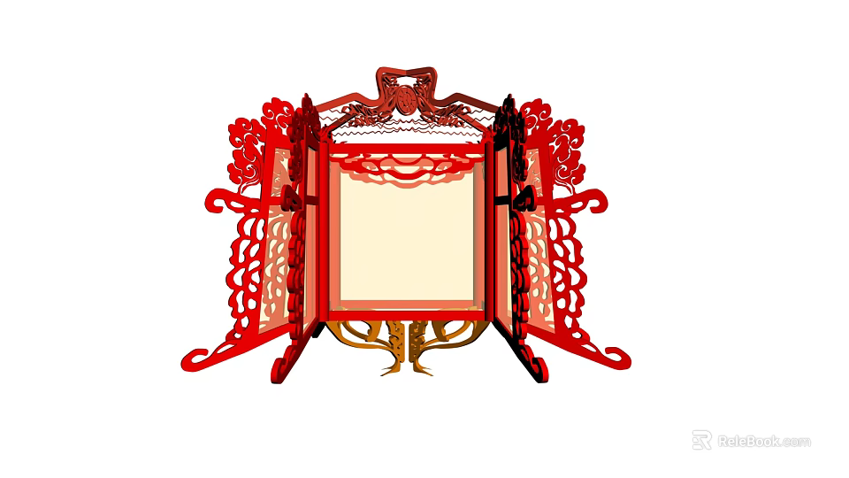 Traditional Red Chinese Lantern With Intricate Cut Out Design Square Frame And Golden Base 3d model 