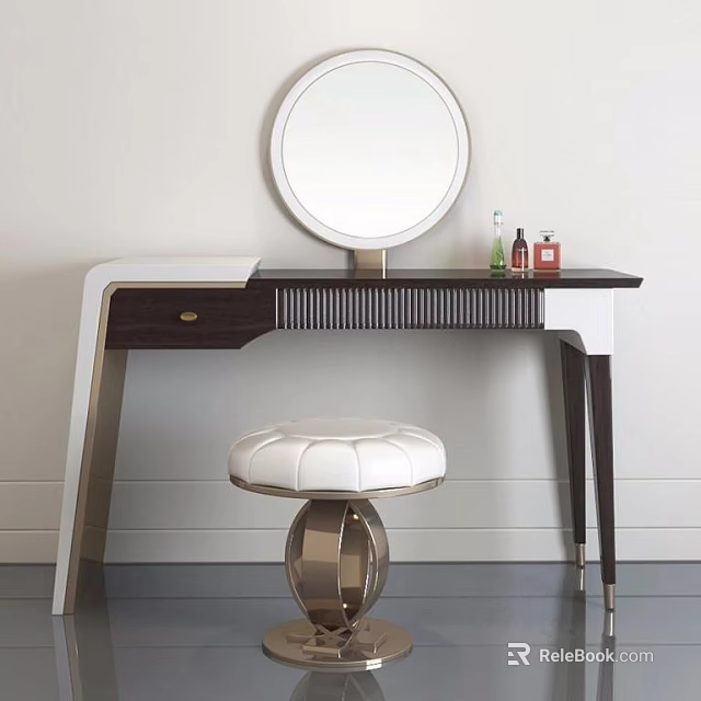 Modern Dressing Table with Round Mirror Skincare Products White Padded Stool Wooden Top Metal Base 3d model 