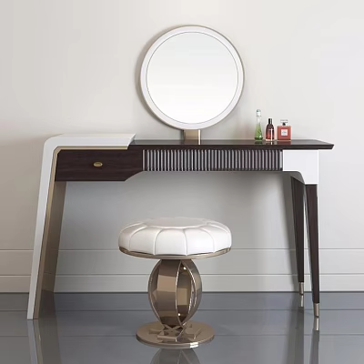 Modern Dressing Table with Round Mirror Skincare Products White Padded Stool Wooden Top Metal Base 3d model
