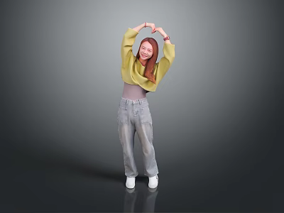 Woman Making Heart Gesture With Hands Above Head In Yellow Top And Gray Jeans 3d model