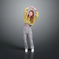 Woman Making Heart Gesture With Hands Above Head In Yellow Top And Gray Jeans