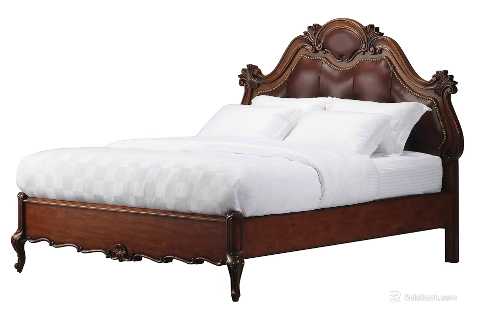 Antique Wooden Double Bed with Carved Headboard White Bedding and Pillows 3d model 