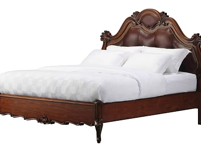 Antique Wooden Double Bed with Carved Headboard White Bedding and Pillows 3d model