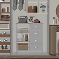 Modern White Storage Shelf with Drawers Handbag Folded Towels Jewelry and Photo Frame