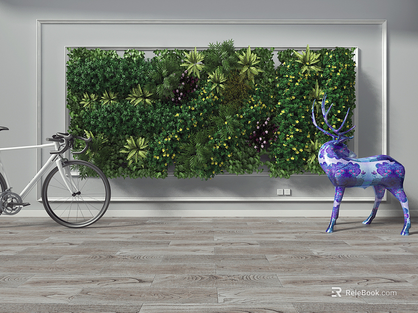 Green Plant Wall Decor With White Wall Wooden Floor Bicycle And Purple Deer Sculpture 3d model 