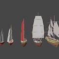 Various Sailing Ships with Colorful Red and White Sails and Classic Hull Designs