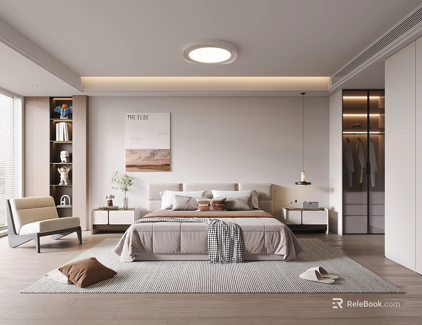 Modern Bedroom Interior Design With King Bed Nightstands Wardrobe Accent Chair And Area Rug 3d model 