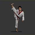 Man in White Taekwondo Uniform with Black Belt Performing High Kick on Mat