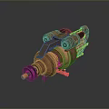 Copper Mechanical Weapon with Yellow Tip and Glowing Elements Mechanical Structure and Gear Details