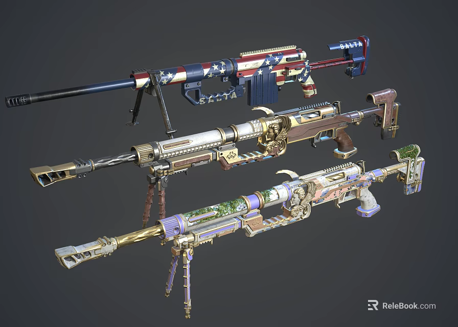 Collection Of Decorative Sniper Rifles With Various Colorful Patterns And Unique Designs 3d model 