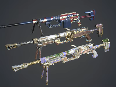 Collection Of Decorative Sniper Rifles With Various Colorful Patterns And Unique Designs 3d model