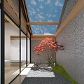 Traditional Chinese Garden with Wooden Roof Glass Doors Red Maple Tree and Gravel Ground