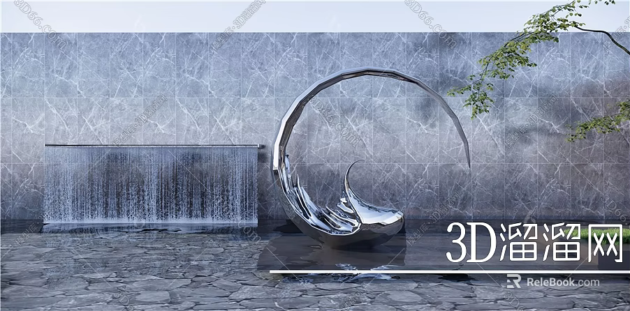 Modern Stainless Steel Curved Wave Sculpture With Water Feature And Stone Wall 3d model 