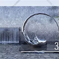 Modern Stainless Steel Curved Wave Sculpture With Water Feature And Stone Wall