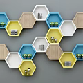 Hexagonal Wall Cabinets With Blue Yellow White Wooden Design And Plants Books On Grey Wall