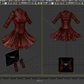 Red Dress With Cross Pendant Three Quarter Sleeves And Pleated Skirt With Matching High Heels