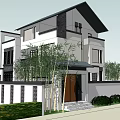 Modern Two Story Detached Villa With White Exterior Black Roof And Courtyard Greenery