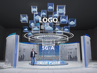 Tech Exhibition Hall Showcasing 5G-A Smart World Evolving Future Circular Platform Transparent Cube Clouds 3d model