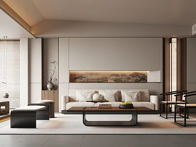 Modern Chinese Living Room Interior With Sofa Coffee Table Armchairs And Decorative Painting 3d model