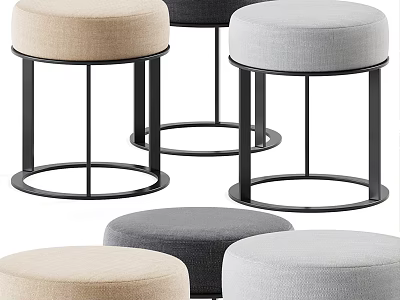 Modern Round Ottomans with Beige Black Gray Light Gray Upholstery and Black Metal Frames 3d model