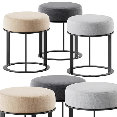 Modern Round Ottomans with Beige Black Gray Light Gray Upholstery and Black Metal Frames 3d model