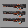 Futuristic Rifles with Black and Orange Intricate Patterns and Detailed Components