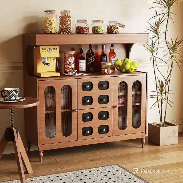 Warm Wooden Sideboard With Vertical Striped Glass Doors Drawers Coffee Machine And Green Apples 3d model 