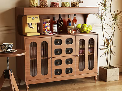 Warm Wooden Sideboard With Vertical Striped Glass Doors Drawers Coffee Machine And Green Apples 3d model