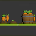 3D Carrot Planting Scene With Green Board Soil Pits Red Shovel And Wooden Barrel