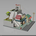 3D Model of Small Buildings with Red Blue Roofs Staircase Green Tree and Street Lamp