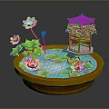 Decorative Pond Scene With Pink Lotus Flowers Green Leaves And Traditional Pagoda