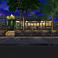 Outdoor Restaurant Night View With Green Plant Wall Wooden Tables And Purple Sky