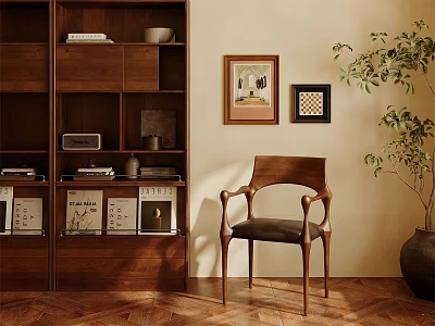 Modern Wooden Bookcase With Books White Bowl Next To Armchair Wall Art And Plant 3d model