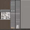 Modern Home Bar Cabinet With Wine Bottles Glasses And Marble Backdrop And Wooden Storage Shelves