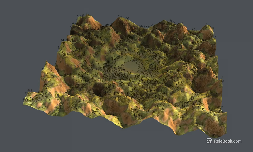 3D Rendered Mountain Terrain Model With Central Circular Area And Detailed Topography 3d model 