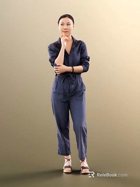 Woman in navy blue jumpsuit with long sleeves and pockets standing against neutral background 3d model 