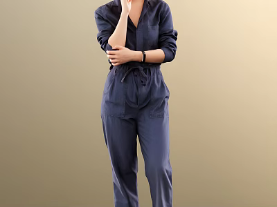 Woman in navy blue jumpsuit with long sleeves and pockets standing against neutral background 3d model