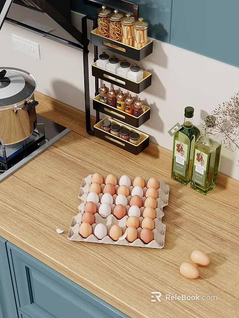 Kitchen Counter With Egg Tray Olive Oil And Spice Rack 3d model